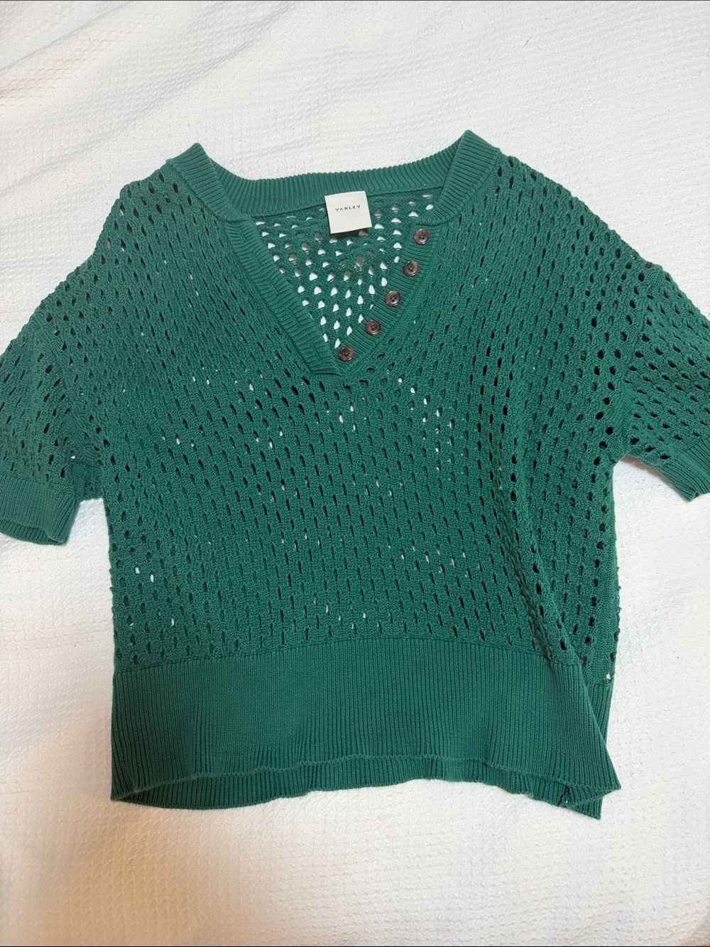 Varley Emerald Open-Knit V-Neck Button-Trim Short Sleeve Sweater part of set